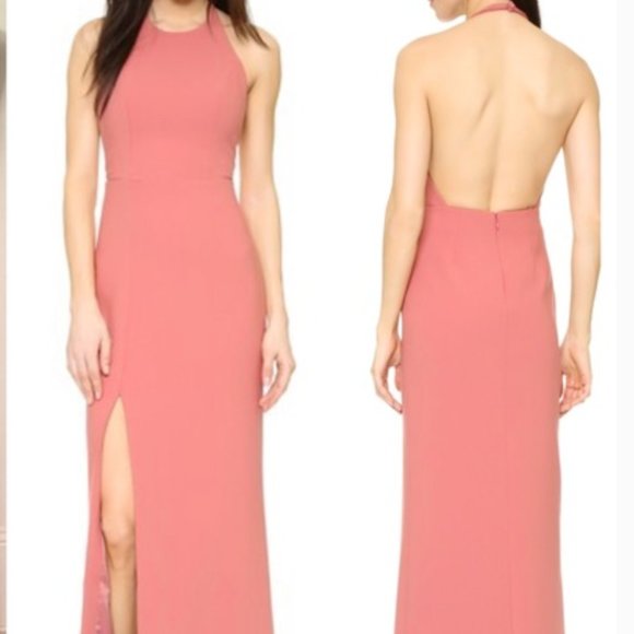 Elizabeth and James Ventus Gown Designer Pink Crepe Formal Thigh Slit Maxi Dress